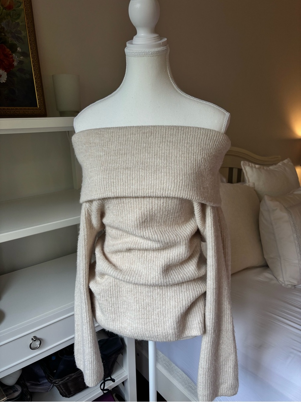 Off-Shoulder Ribbed Cream Sweater